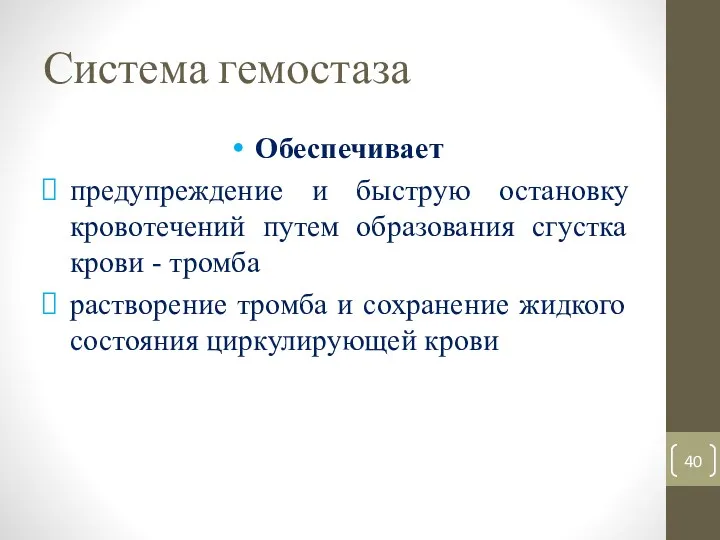 Система гемостаза Обеспечивает предупреждение и быструю остановку кровотечений путем образования