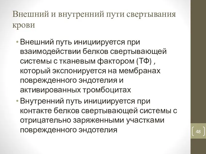 Внешний и внутренний пути свертывания крови Внешний путь инициируется при