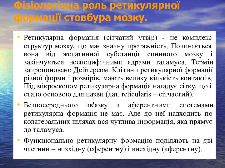 Фізіологічна роль ретикулярної формації стовбура мозку. Ретикулярна формація (сітчатий утвір)