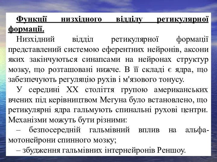 Функції низхідного відділу ретикулярної формації. Низхідний відділ ретикулярної формації представлений