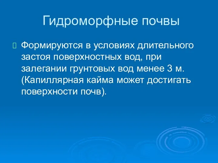 Гидроморфные почвы Формируются в условиях длительного застоя поверхностных вод, при