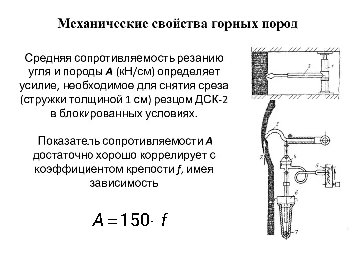 Средняя сопротивляемость резанию угля и породы A (кН/см) определяет усилие, необходимое для снятия