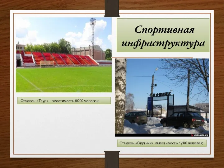 Спортивная инфраструктура Стадион «Спутник», вместимость 1700 человек; Стадион «Труд» - вместимость 5000 человек;