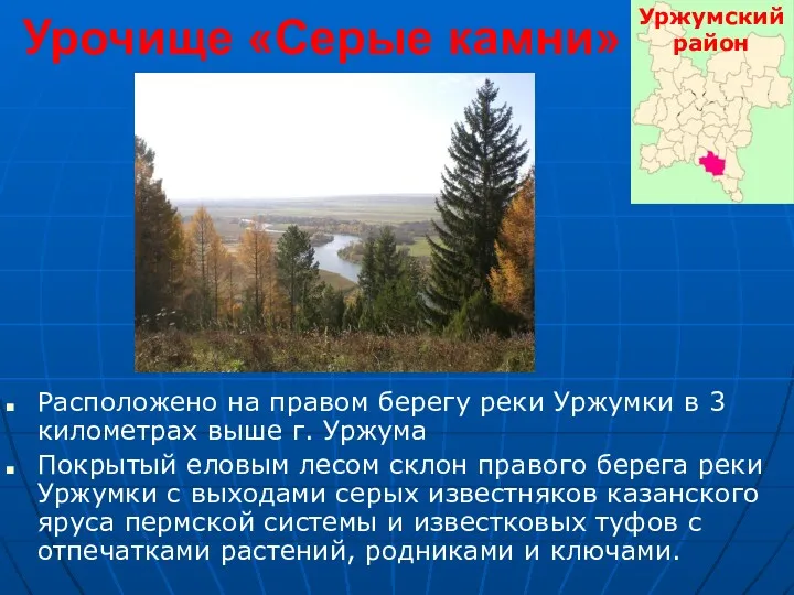 Урочище «Серые камни» Расположено на правом берегу реки Уржумки в