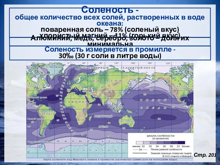 Соленость - общее количество всех солей, растворенных в воде океана: