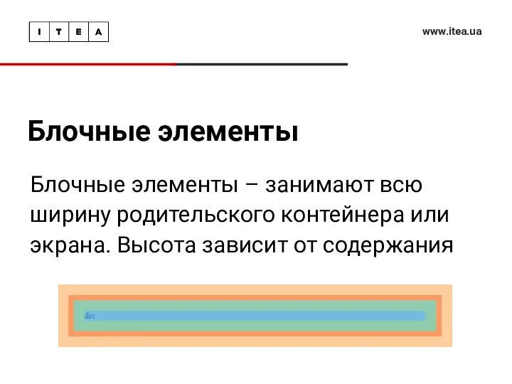 Блочные элементы www.itea.ua Блочные элементы – занимают всю ширину родительского контейнера или экрана.