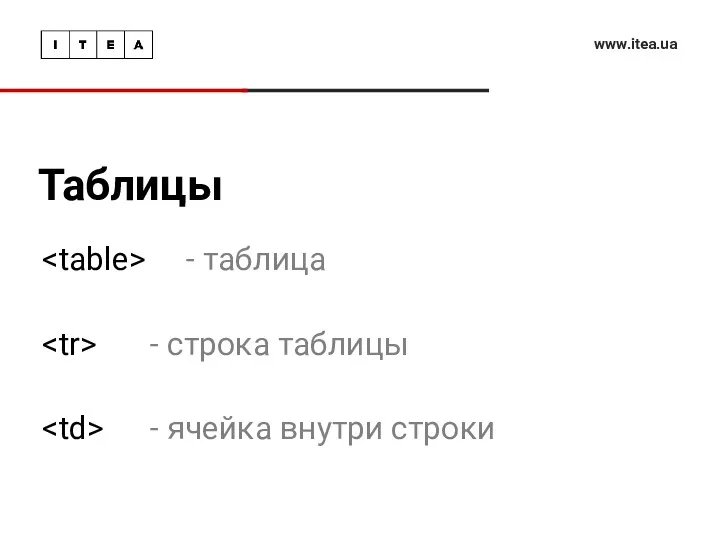 Таблицы www.itea.ua - таблица - строка таблицы - ячейка внутри строки