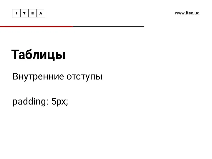 Таблицы www.itea.ua Внутренние отступы padding: 5px;