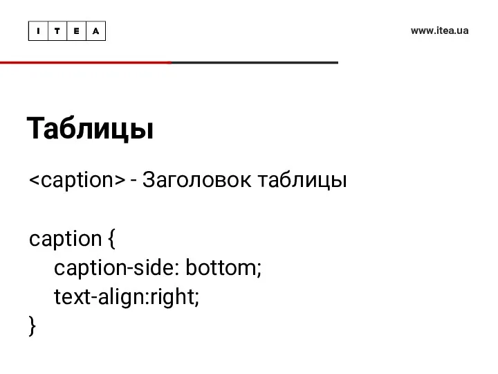 Таблицы www.itea.ua - Заголовок таблицы caption { caption-side: bottom; text-align:right; }
