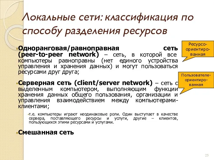 Локальные сети: классификация по способу разделения ресурсов Одноранговая/равноправная сеть (peer-to-peer network) – сеть,