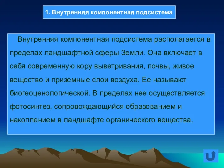 Внутренняя компонентная подсистема располагается в пределах ландшафтной сферы Земли. Она