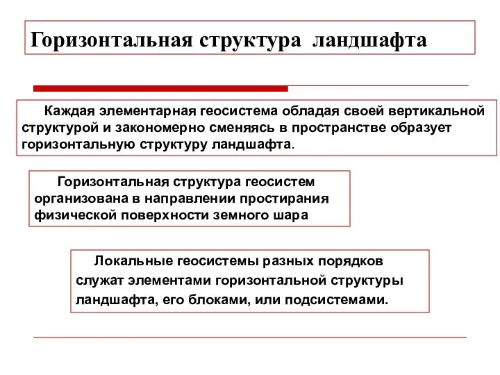 Горизонтальная структура ландшафта Каждая элементарная геосистема обладая своей вертикальной структурой