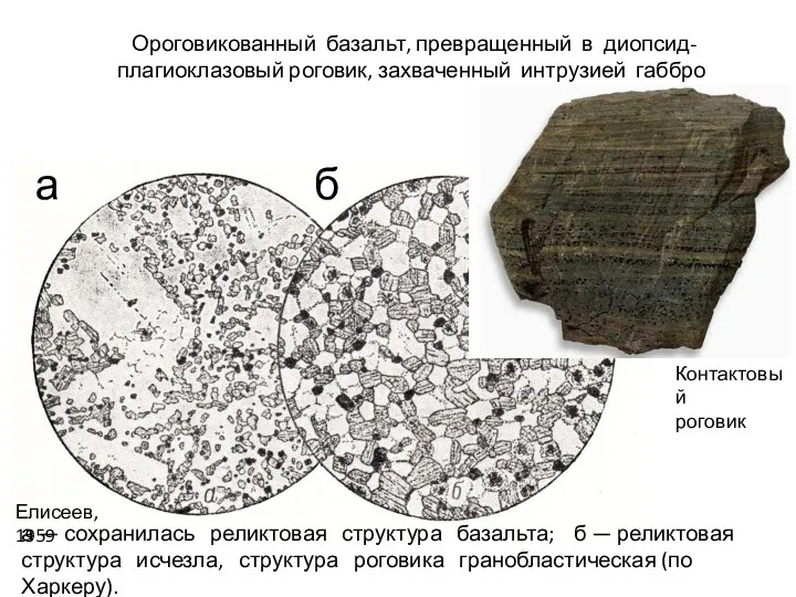 Ороговикованный базальт, превращенный в диопсид-плагиоклазовый роговик, захваченный интрузией габбро Елисеев, 1959 а —