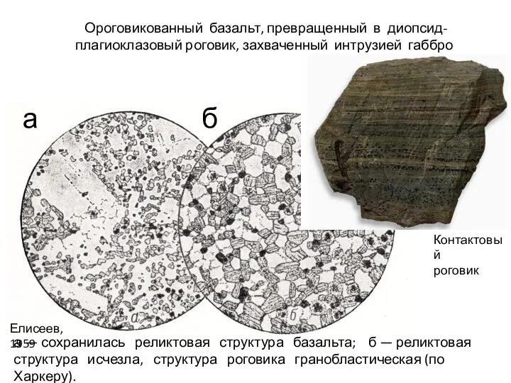 Ороговикованный базальт, превращенный в диопсид-плагиоклазовый роговик, захваченный интрузией габбро Елисеев,