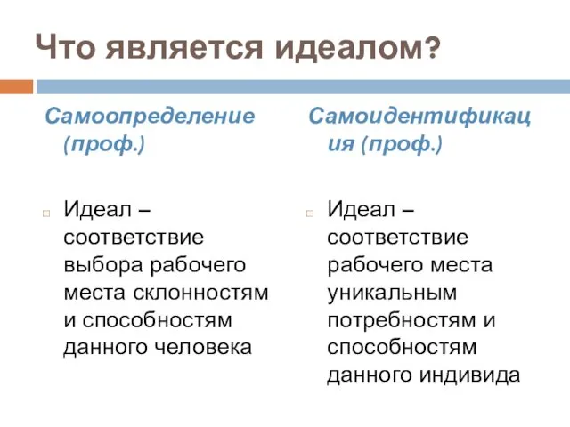 Что является идеалом? Самоопределение (проф.) Идеал – соответствие выбора рабочего места склонностям и