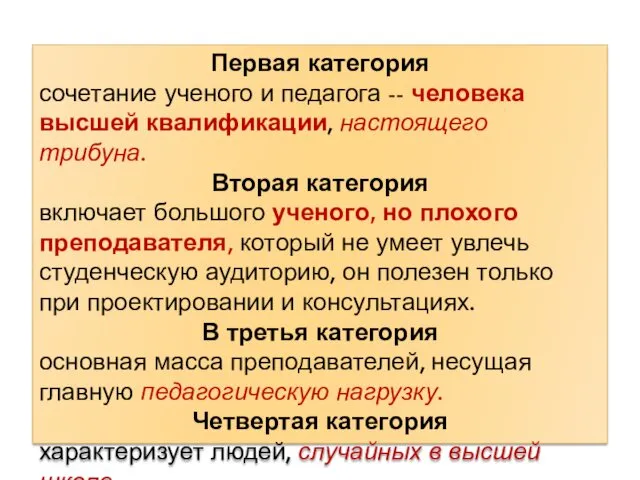 Первая категория сочетание ученого и педагога -- человека высшей квалификации, настоящего трибуна. Вторая