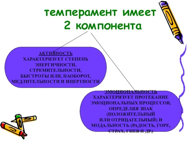 темперамент имеет 2 компонента АКТИВНОСТЬ ХАРАКТЕРИЗУЕТ СТЕПЕНЬ ЭНЕРГИЧНОСТИ, СТРЕМИТЕЛЬНОСТИ, БЫСТРОТЫ