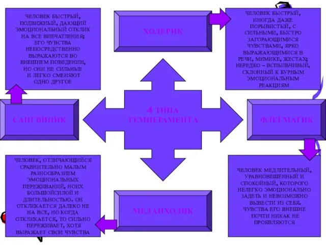 4 ТИПА ТЕМПЕРАМЕНТА ХОЛЕРИК МЕЛАНХОЛИК САНГВИНИК ФЛЕГМАТИК ЧЕЛОВЕК БЫСТРЫЙ, ПОДВИЖНЫЙ,