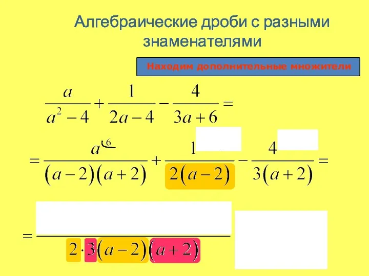 Алгебраические дроби с разными знаменателями Находим дополнительные множители