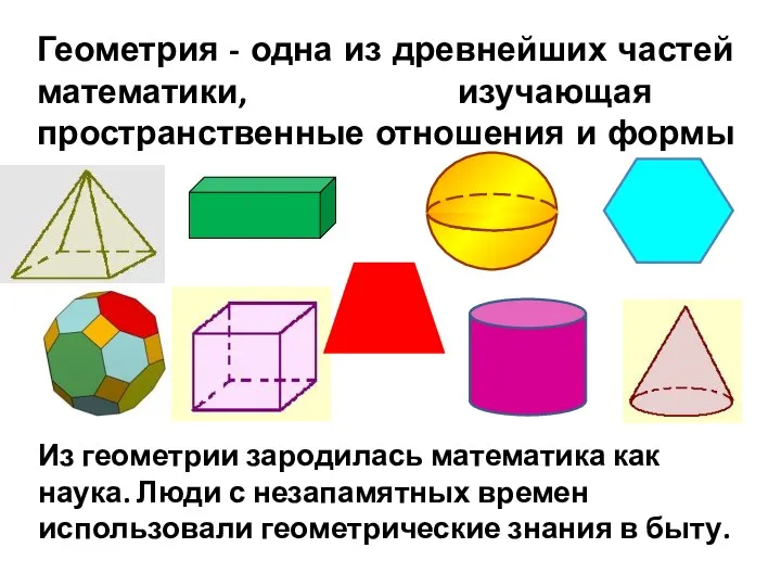 Геометрия - одна из древнейших частей математики, изучающая пространственные отношения