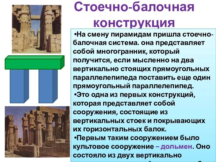 Стоечно-балочная конструкция На смену пирамидам пришла стоечно-балочная система. она представляет