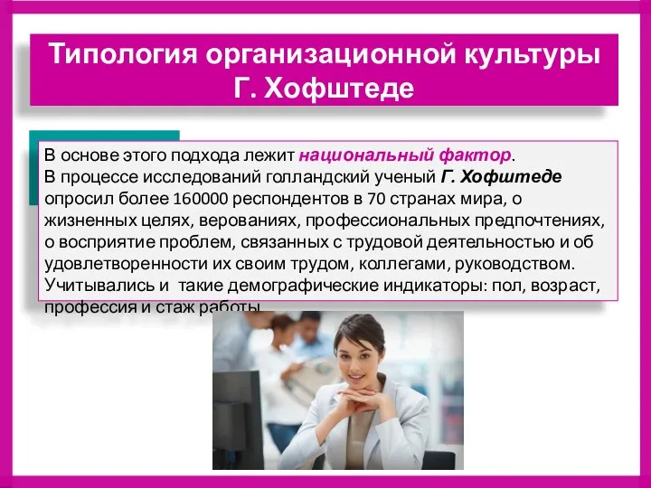 В основе этого подхода лежит национальный фактор. В процессе исследований голландский ученый Г.