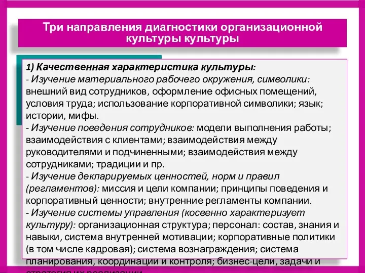 1) Качественная характеристика культуры: - Изучение материального рабочего окружения, символики: внешний вид сотрудников,