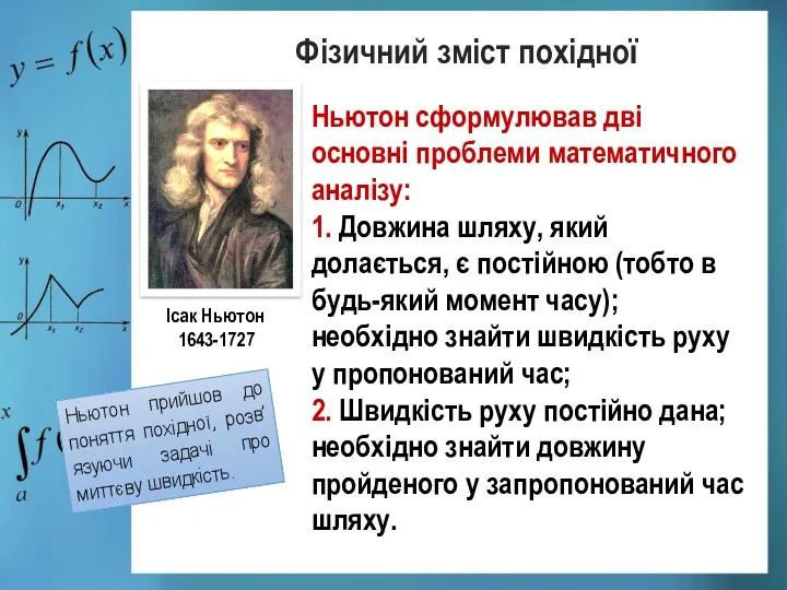 Ньютон прийшов до поняття похідної, розв’язуючи задачі про миттєву швидкість.