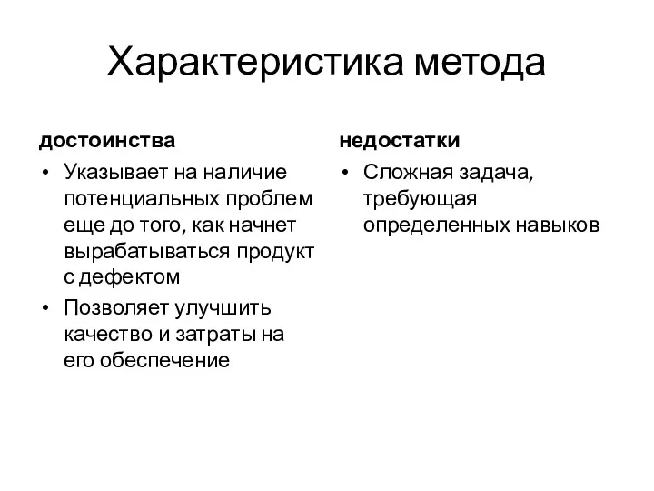 Характеристика метода достоинства Указывает на наличие потенциальных проблем еще до