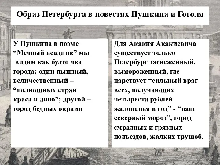 Образ Петербурга в повестях Пушкина и Гоголя Для Акакия Акакиевича