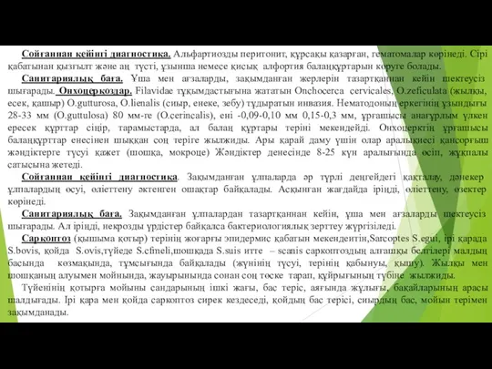 Сойғаннан кейінгі диагностика. Альфартиозды перитонит, құрсақы қазарған, гематомалар көрінеді. Сірі