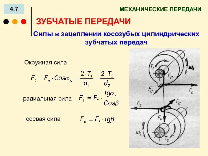 МЕХАНИЧЕСКИЕ ПЕРЕДАЧИ 4.7 ЗУБЧАТЫЕ ПЕРЕДАЧИ Силы в зацеплении косозубых цилиндрических зубчатых передач радиальная