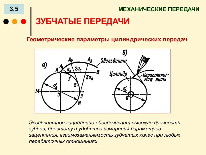 МЕХАНИЧЕСКИЕ ПЕРЕДАЧИ 3.5 ЗУБЧАТЫЕ ПЕРЕДАЧИ Геометрические параметры цилиндрических передач Эвольвентное