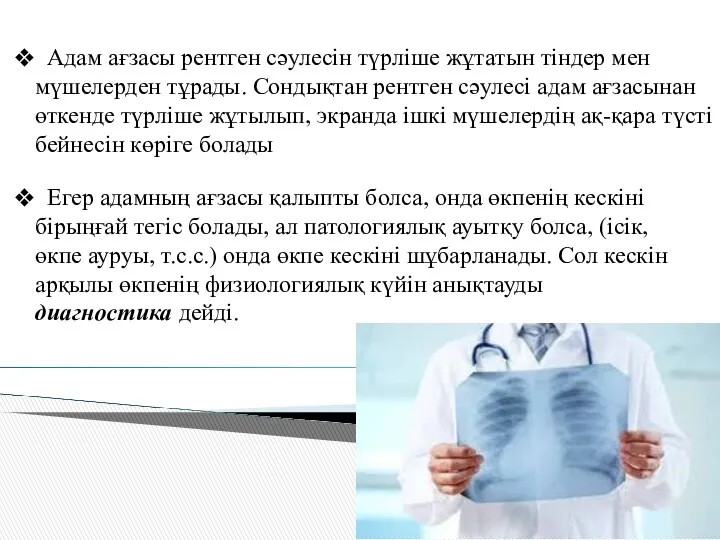 Адам ағзасы рентген сәулесін түрліше жұтатын тіндер мен мүшелерден тұрады.