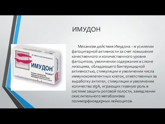 ИМУДОН Механизм действия Имудона – в усилении фагоцитарной активности за