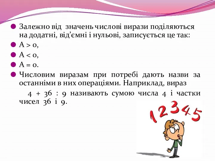 Залежно від значень числові вирази поділяються на додатні, від’ємні і