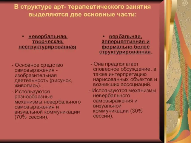 В структуре арт- терапевтического занятия выделяются две основные части: невербальная,