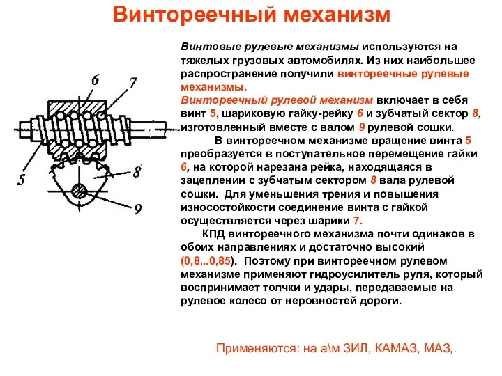 Винтореечный механизм Винтовые рулевые механизмы используются на тяжелых грузовых автомобилях.