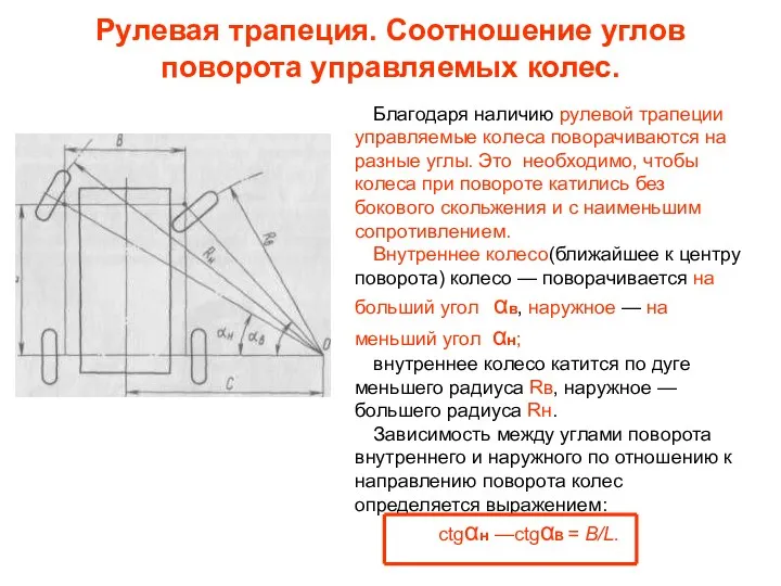 Рулевая трапеция. Соотношение углов поворота управляемых колес. Благодаря наличию рулевой