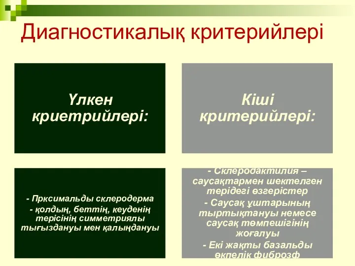 Диагностикалық критерийлері Үлкен криетрийлері: Кіші критерийлері: - Прксимальды склеродерма -