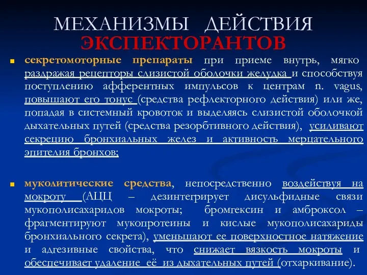 МЕХАНИЗМЫ ДЕЙСТВИЯ ЭКСПЕКТОРАНТОВ секретомоторные препараты при приеме внутрь, мягко раздражая