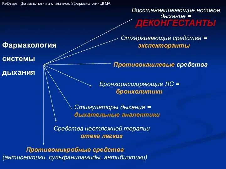 Фармакология системы дыхания Стимуляторы дыхания = дыхательные аналептики Восстанавливающие носовое