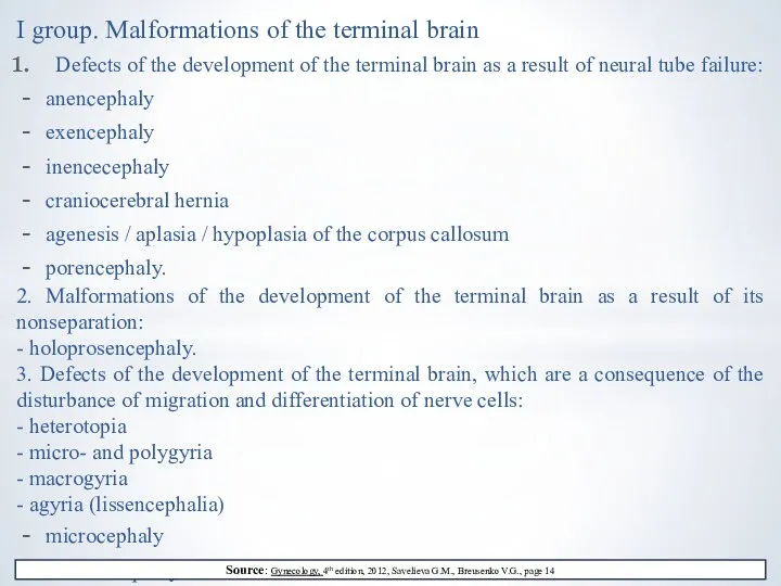 I group. Malformations of the terminal brain Defects of the development of the