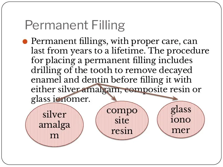 Permanent Filling Permanent fillings, with proper care, can last from years to a