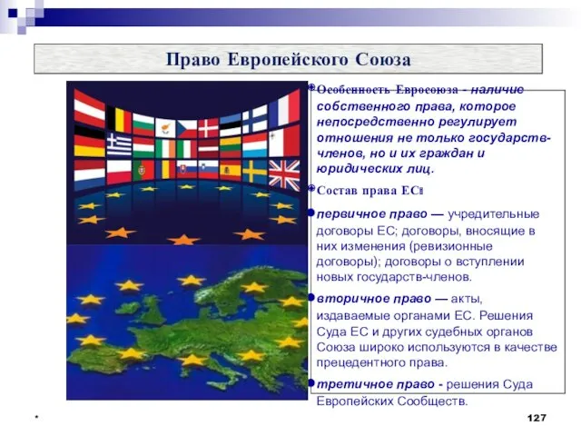 * * Право Европейского Союза Особенность Евросоюза - наличие собственного