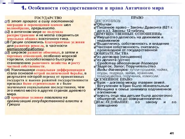 1. Особенности государственности и права Античного мира * ГОСУДАРСТВО 1)