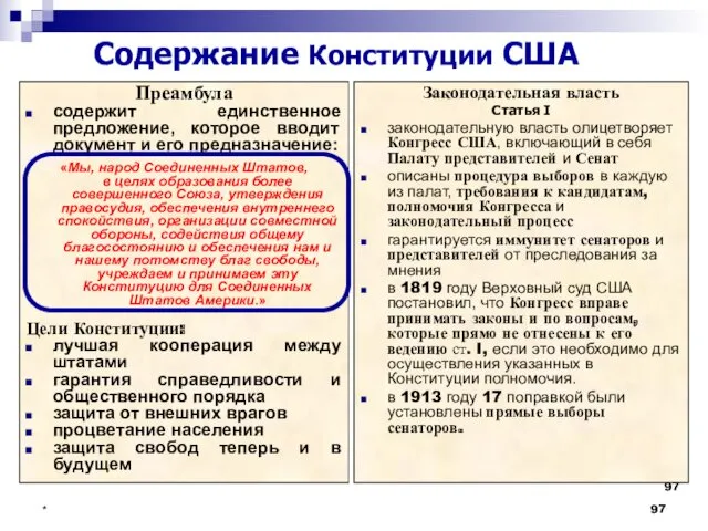 * Содержание Конституции США Преамбула содержит единственное предложение, которое вводит