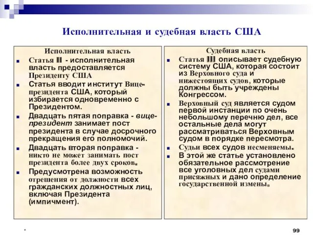 Исполнительная и судебная власть США Исполнительная власть Статья II -