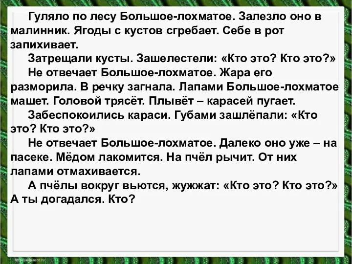 Гуляло по лесу Большое-лохматое. Залезло оно в малинник. Ягоды с