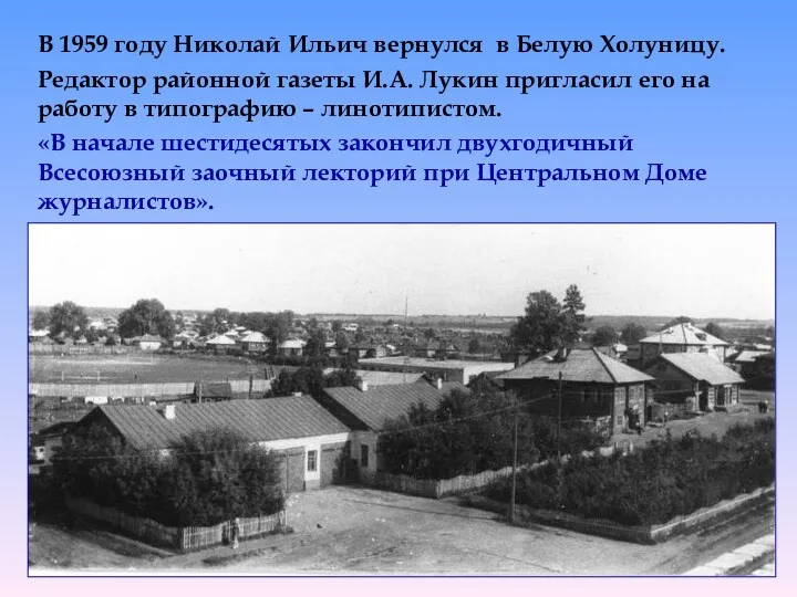 В 1959 году Николай Ильич вернулся в Белую Холуницу. Редактор